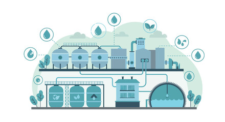 Fototapeta premium Water treatment plant process diagram for environmental conservation and sustainable development vector illustration