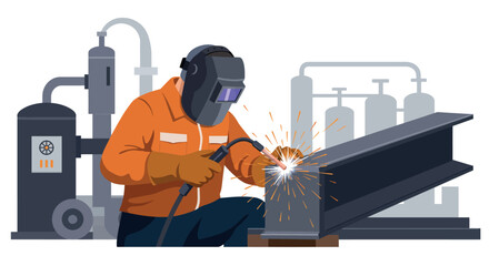 Professional welder working on metal beam in industrial workshop setting vector illustration