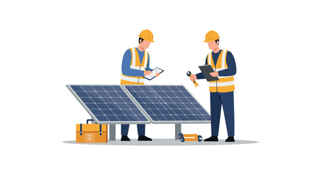 Solar energy maintenance concept with engineers inspecting panels for sustainability and efficiency vector illustration