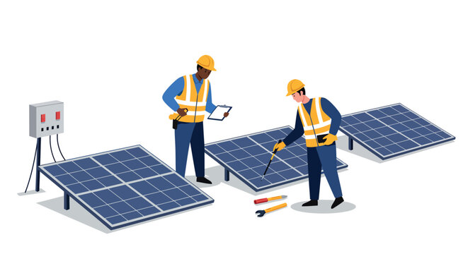 Engineers installing solar panels for renewable energy solutions vector illustration