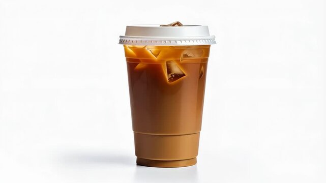 Iced coffee in a clear plastic cup with ice cubes and a white lid stands against a stark white background