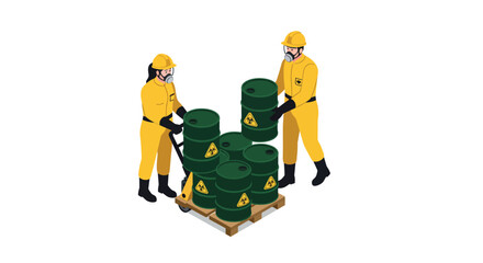 Workers handling hazardous waste barrels in safety gear for environmental management vector illustration