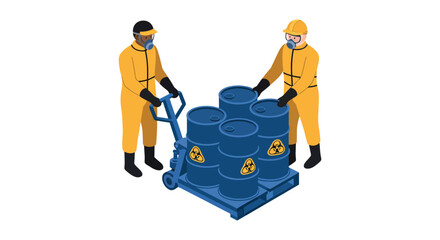 Hazardous material handling safety personnel managing toxic waste barrels vector illustration