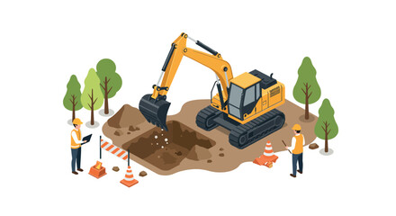 Construction site with excavator and workers in safety gear for land development projects vector illustration