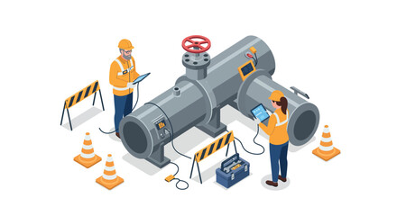 Engineers inspecting industrial pipeline system with tablets for maintenance and safety vector illustration