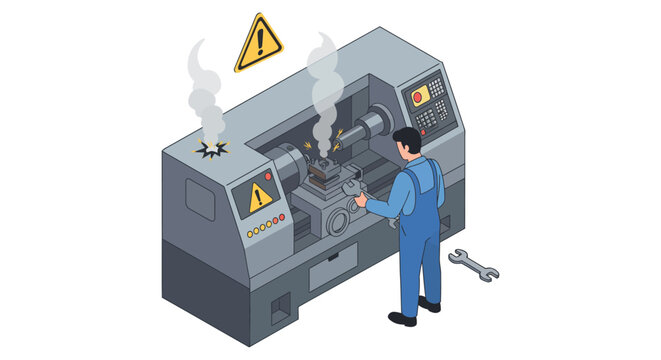 Industrial machine malfunction with operator safety alert in factory setting vector illustration