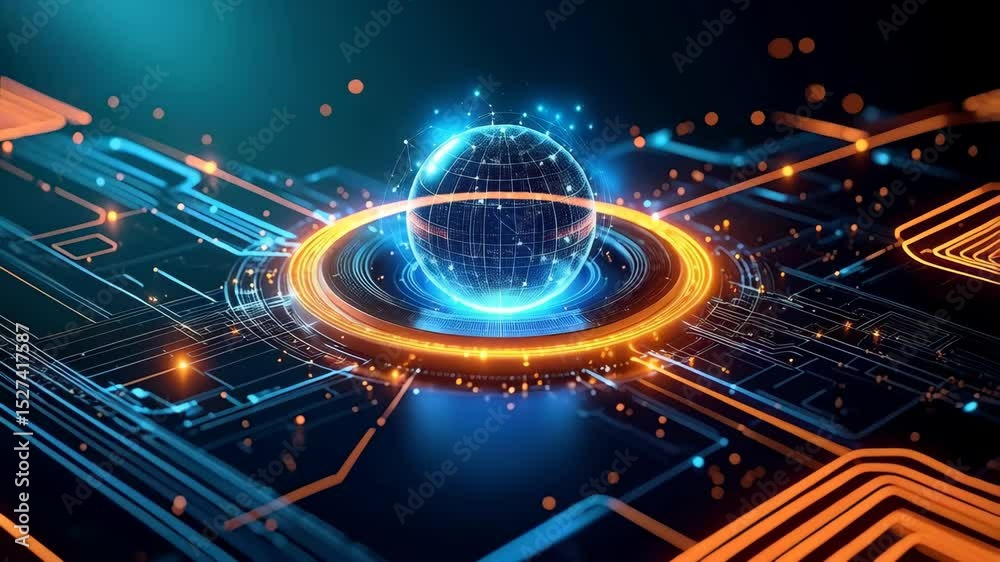 Poster digital network sphere connecting through circuit board, creating innovative global technology with 