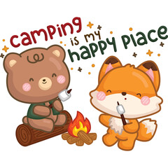 a vector of a bear and fox camping