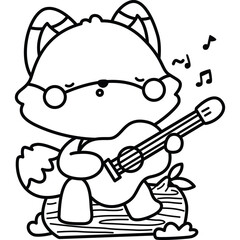 a vector of a cute fox playing guitar in black and white coloring