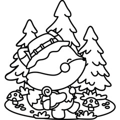 a vector of a cute fox walking in the wood in black and white coloring