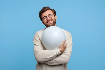 A smiling man in a cozy sweater embraces a large white sphere against a bright blue background, exuding warmth and happiness.