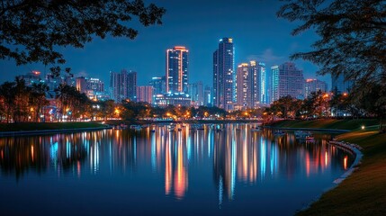 Night view of the illuminated Ningbo cityscape in China, showcasing high-rise skyscrapers and modern buildings