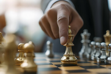 A hand moves a golden chess piece on a checkered board, symbolizing strategy and competitive gameplay in a focused environment.