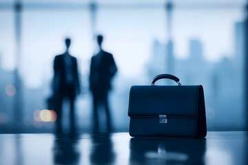 A sleek briefcase sits in the foreground, with two silhouetted figures in business attire blurred in the background, suggesting a professional setting.