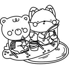a vector of a cute bear and fox fishing in the lake in black and white coloring