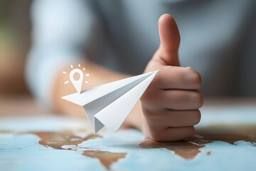 A hand gives a thumbs-up over a map, symbolizing approval and travel, complemented by a paper airplane and location pin graphic.