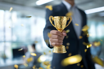 A person in a suit holds a golden trophy amidst falling confetti, celebrating a significant achievement in a professional setting.