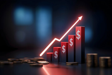 A glowing graph with upward bars and dollar signs symbolizes financial growth and success, set against a dark background.