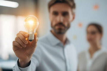 A man holds a glowing light bulb, symbolizing innovation and bright ideas, with a blurred figure of a woman in the background.