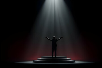 A figure stands on a stage, illuminated by a spotlight, conveying a sense of triumph and drama against a dark background.