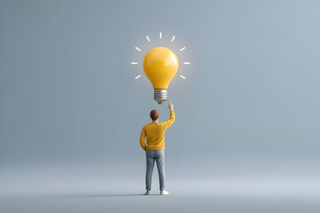 A person stands in front of a glowing light bulb, symbolizing ideas and inspiration in a minimalistic, modern setting.