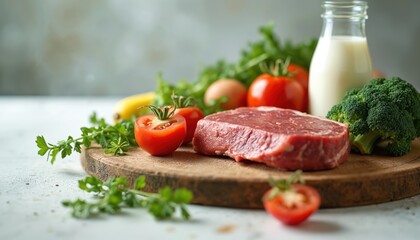 Rustic wooden board with fresh ingredients. Raw steak tomatoes herbs milk broccoli. Food groups, healthy eating concept. Ingredients for cooking. Fresh natural products. Culinary inspiration.