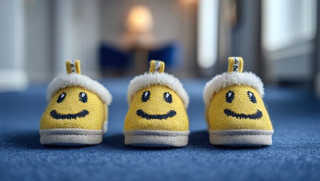 Three yellow smiley face baby slippers on blue carpet