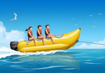 Happy People Enjoying a Banana Boat Ride on a Sunny Day
