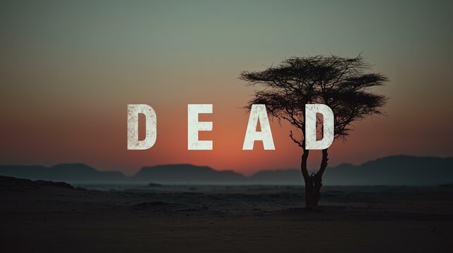 Solitary African tree in a twilight desert landscape with the word 'DEAD' in minimalist serif font
