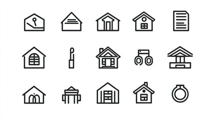 Real estate and home icons in thin-line vector format.