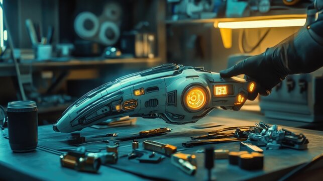 Gloved hand holds futuristic device, workshop setting.