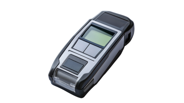 Breathalyzer alcohol tester for on-site safety checks, compact digital device, Transparent background, PNG file