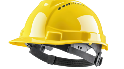 Bright yellow hard hat with adjustable strap, construction safety gear, Transparent background, PNG file