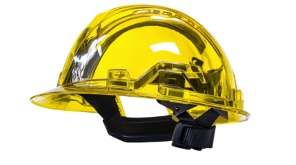 Bright yellow hard hat with adjustable strap, construction safety gear, Transparent background, PNG file