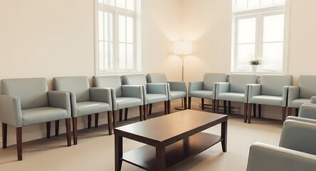 Fototapeta premium Modern waiting room interior design featuring light grey armchairs arranged around a dark wood coffee table near large windows soft lighting creates a calm atmosphere perfect for healthcare or corpora