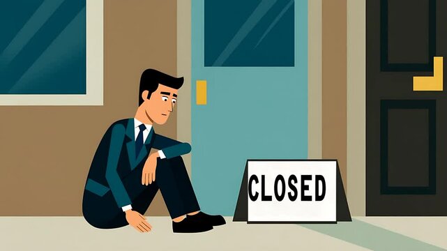 Business Closure and Dejected Businessman, Flat Vector Illustration