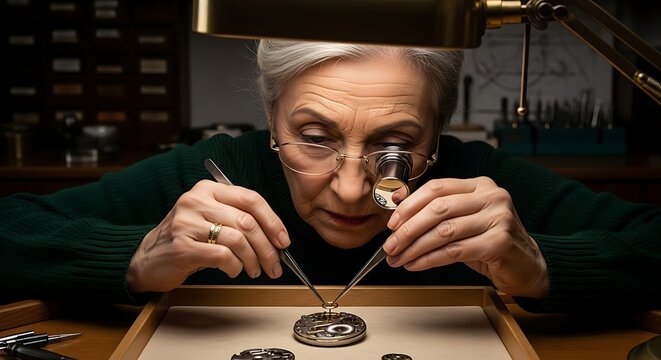 A skilled elderly woman meticulously repairs an antique watch under a warm lamplight in her workshop her focused expression and delicate movements highlighting her expertise and passion