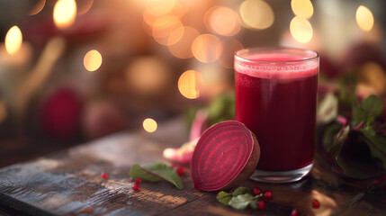 glass of vibrant red beet juice placed on a rustic wooden table. The juice appears freshly made, with a frothy surface and garnished with a sprig of green herbs,