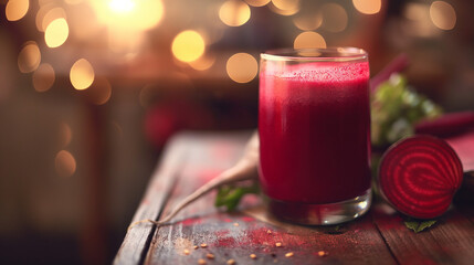 glass of vibrant red beet juice placed on a rustic wooden table. The juice appears freshly made, with a frothy surface and garnished with a sprig of green herbs,