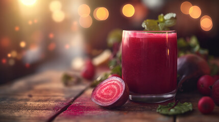 glass of vibrant red beet juice placed on a rustic wooden table. The juice appears freshly made, with a frothy surface and garnished with a sprig of green herbs,