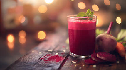 glass of vibrant red beet juice placed on a rustic wooden table. The juice appears freshly made, with a frothy surface and garnished with a sprig of green herbs,