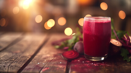 glass of vibrant red beet juice placed on a rustic wooden table. The juice appears freshly made, with a frothy surface and garnished with a sprig of green herbs,