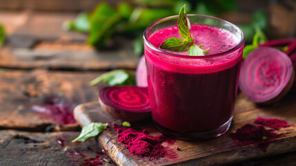 glass of beet juice, emphasizing freshness, health, and natural aesthetics. sense of health-conscious living, simplicity, and wellness.