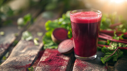 glass of vibrant red beet juice placed on a rustic wooden table. The juice appears freshly made, with a frothy surface and garnished with a sprig of green herbs,