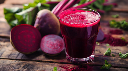 glass of beet juice, emphasizing freshness, health, and natural aesthetics. sense of health-conscious living, simplicity, and wellness.