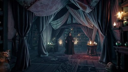 Sorcerer conjuring spell in mysterious tent library