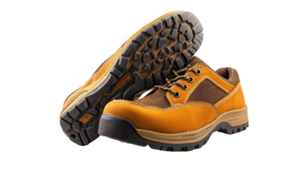 Anti-slip safety shoes with rubber sole and mesh top, warehouse worker gear, Transparent background, PNG file