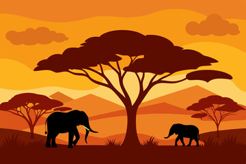 Fototapeta premium African Sunset Silhouette of Elephants in the Savannah