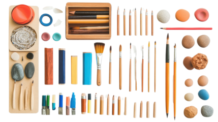 Artistic back-to-school supplies in creative flat lay, Transparent background, PNG file