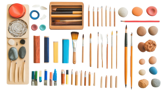 Artistic back-to-school supplies in creative flat lay, Transparent background, PNG file